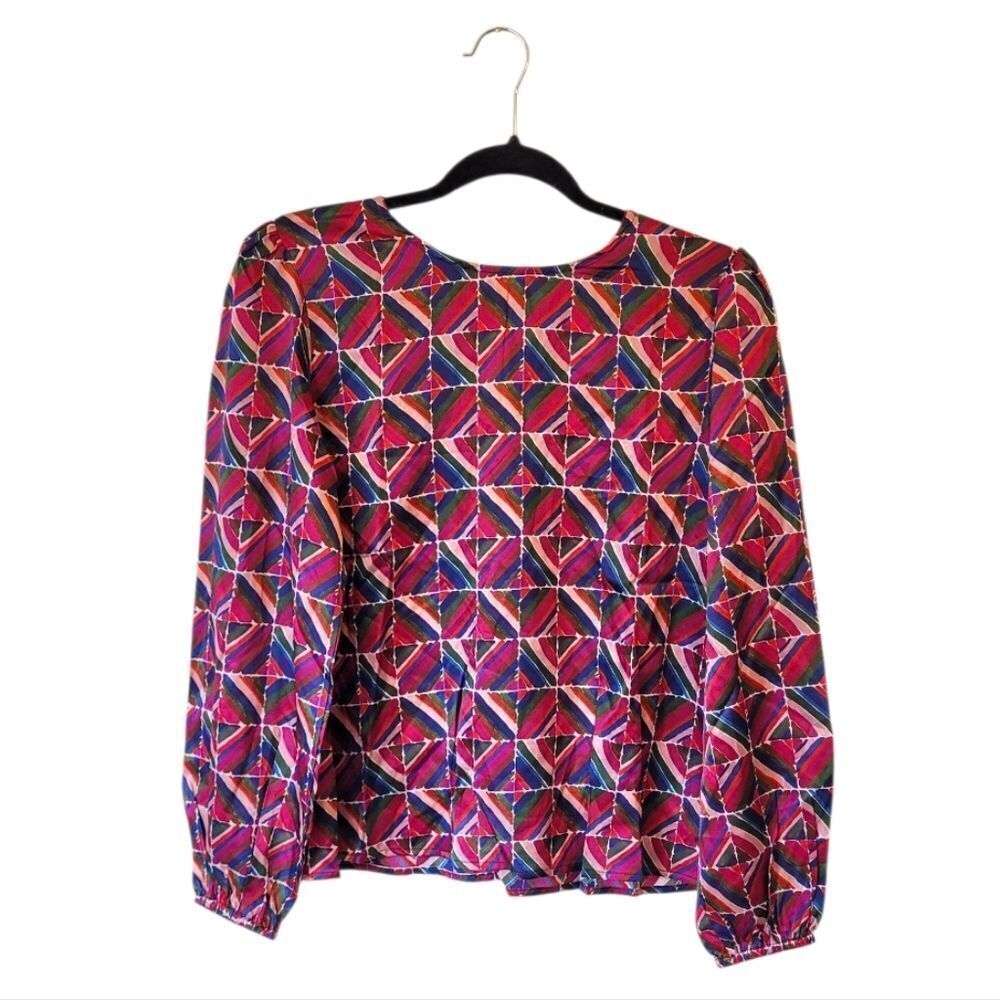 Never A Wallflower Women's Pink Geometric Print Silk Blend Blouse Size S NWT